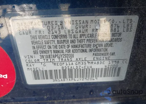 2018 Nissan Sentra Sv z USA, uszkodzony, nr VIN 3N1AB7AP6JY292069